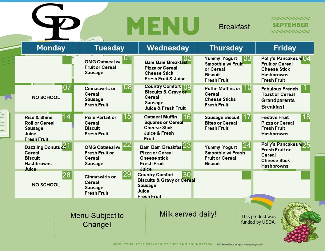 A weekly school menu grid displayed on a green background, detailing meals from Monday to Friday.